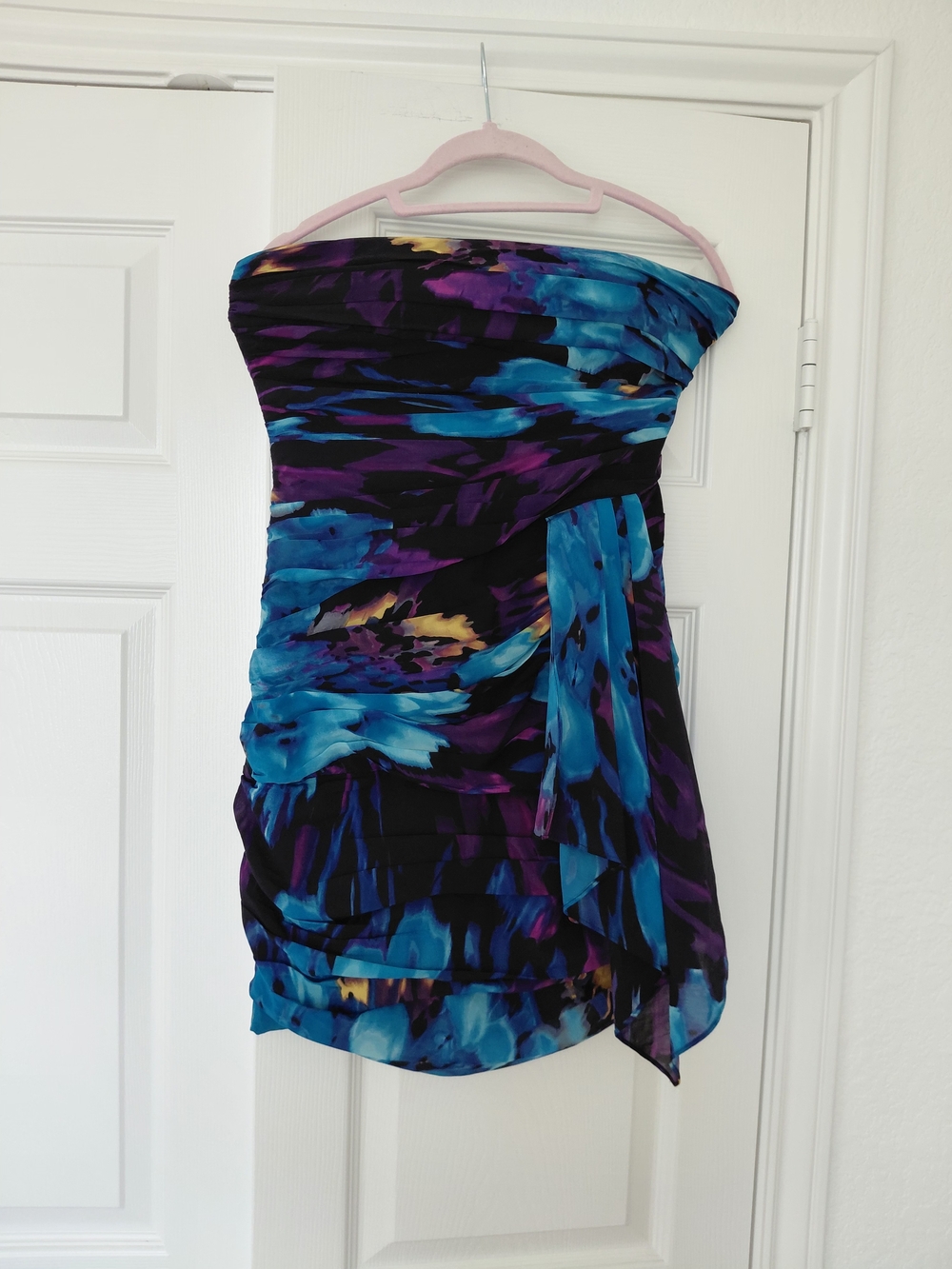 bebe Strapless Black, Blue & Purple Printed Ruched Dress